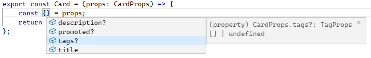 Code snippet showing intellisence on the Card component